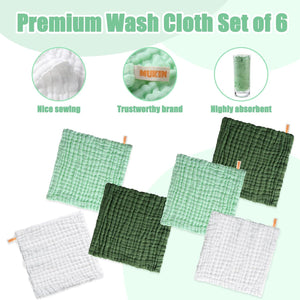 MUKIN Baby Washcloths - Soft Face Cloths For Newborn, Absorbent Bath Face Towels, Baby Wipes, Burp Cloths Or Face Towels, Baby Registry As Shower. Pack Of 6-12x12 Inches (Green),