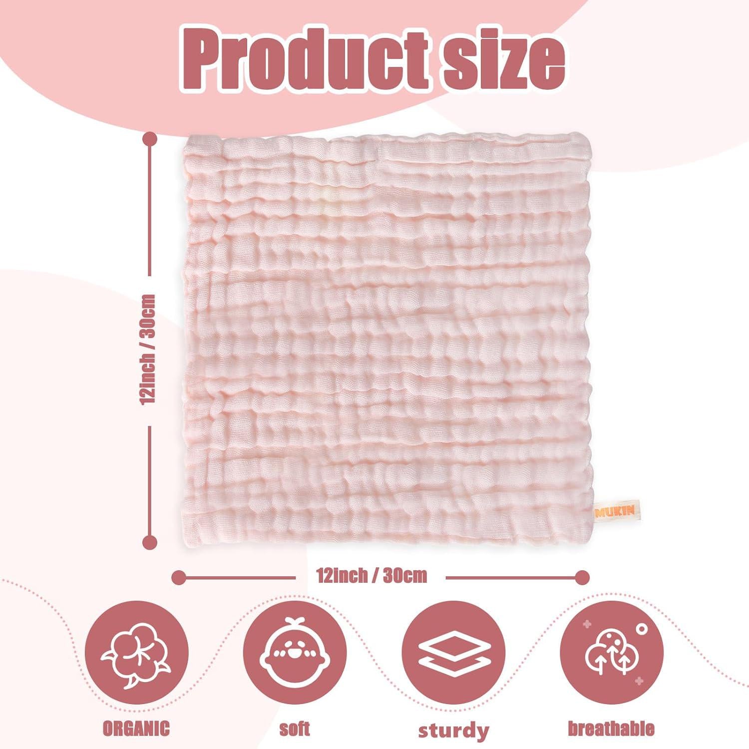 MUKIN Baby Washcloths And Burp Cloths, Soft Absorbent Towels For Newborns, 6 Pack, 12x12 Inches (Pink),