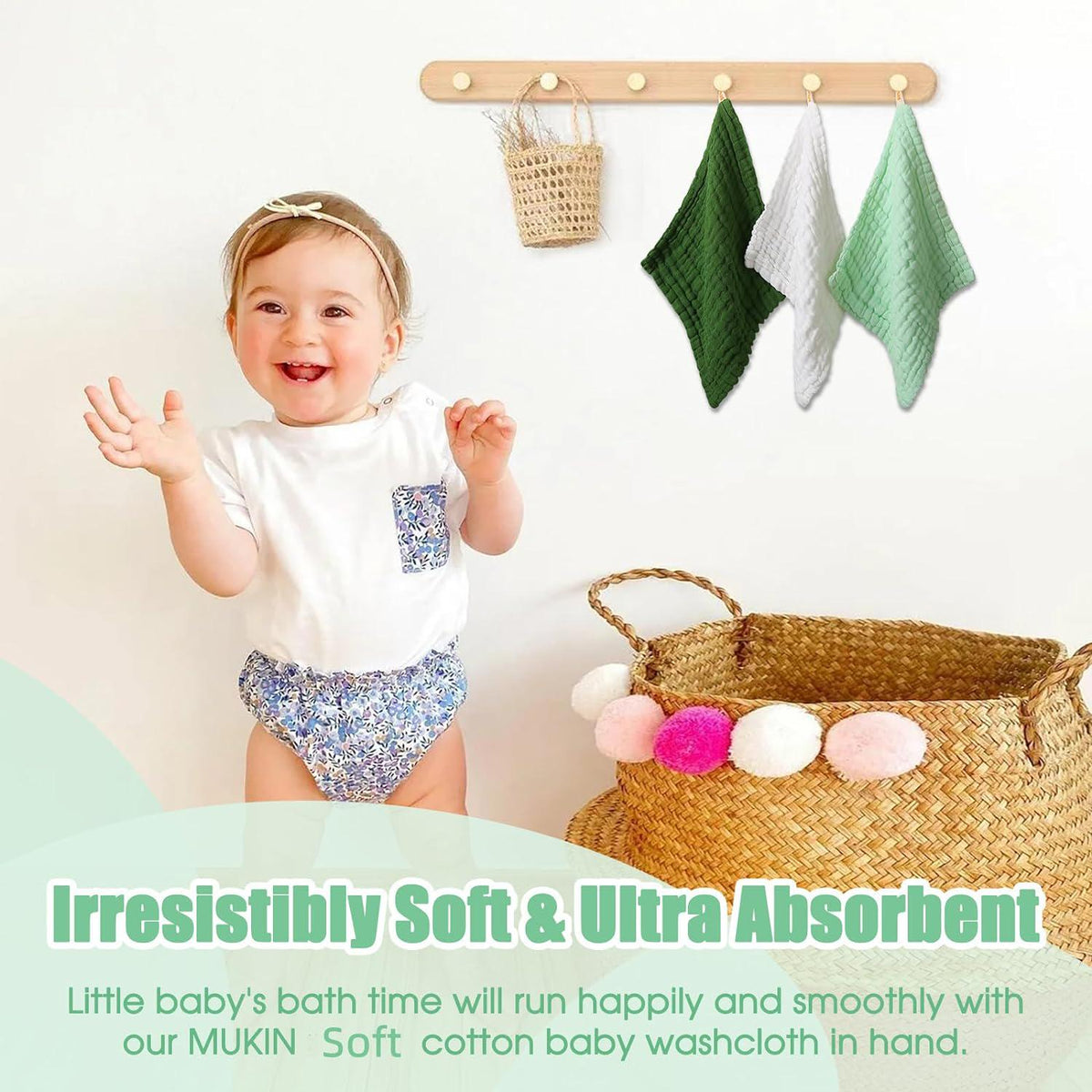 MUKIN Baby Washcloths - Soft Face Cloths For Newborn, Absorbent Bath Face Towels, Baby Wipes, Burp Cloths Or Face Towels, Baby Registry As Shower. Pack Of 6-12x12 Inches (Green),