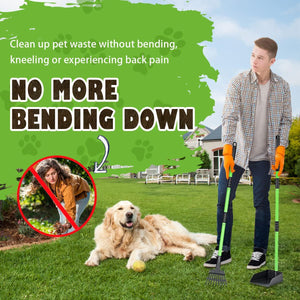 MXF Pooper Scooper with Metal Tray and Rake Set Long Handle for Grass Gravel Heavy Duty Pet Cleanup Green