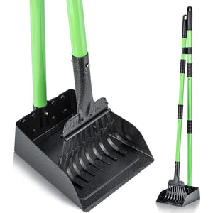 MXF Pooper Scooper with Metal Tray and Rake Set Long Handle for Grass Gravel Heavy Duty Pet Cleanup Green