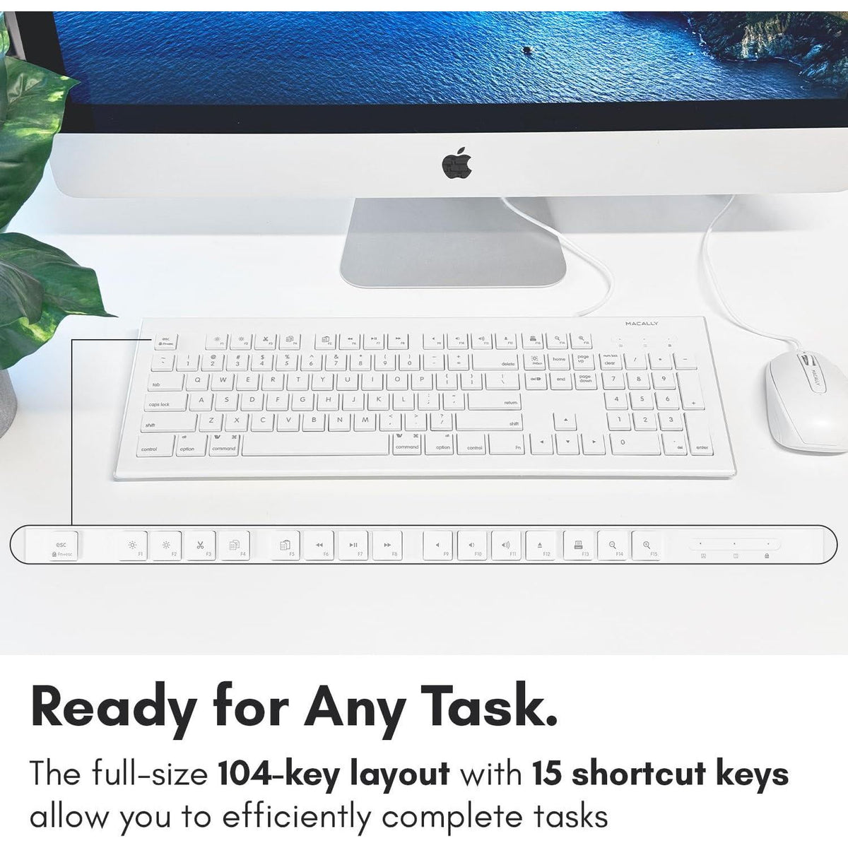 Macally Full Size USB Wired Keyboard For Mac And PC - Plug And Play Wired Computer Keyboard - Compatible Apple Keyboard With 15 Shortcut Keys For Easy Controls And Navigation Of Macbook Pro/Air, IMac,