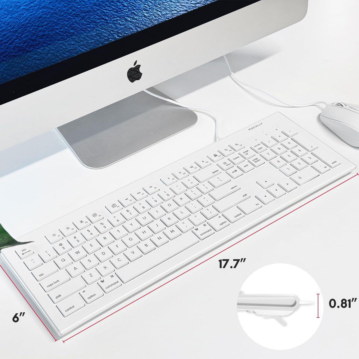 Macally Full Size USB Wired Keyboard For Mac And PC - Plug And Play Wired Computer Keyboard - Compatible Apple Keyboard With 15 Shortcut Keys For Easy Controls And Navigation Of Macbook Pro/Air, IMac,