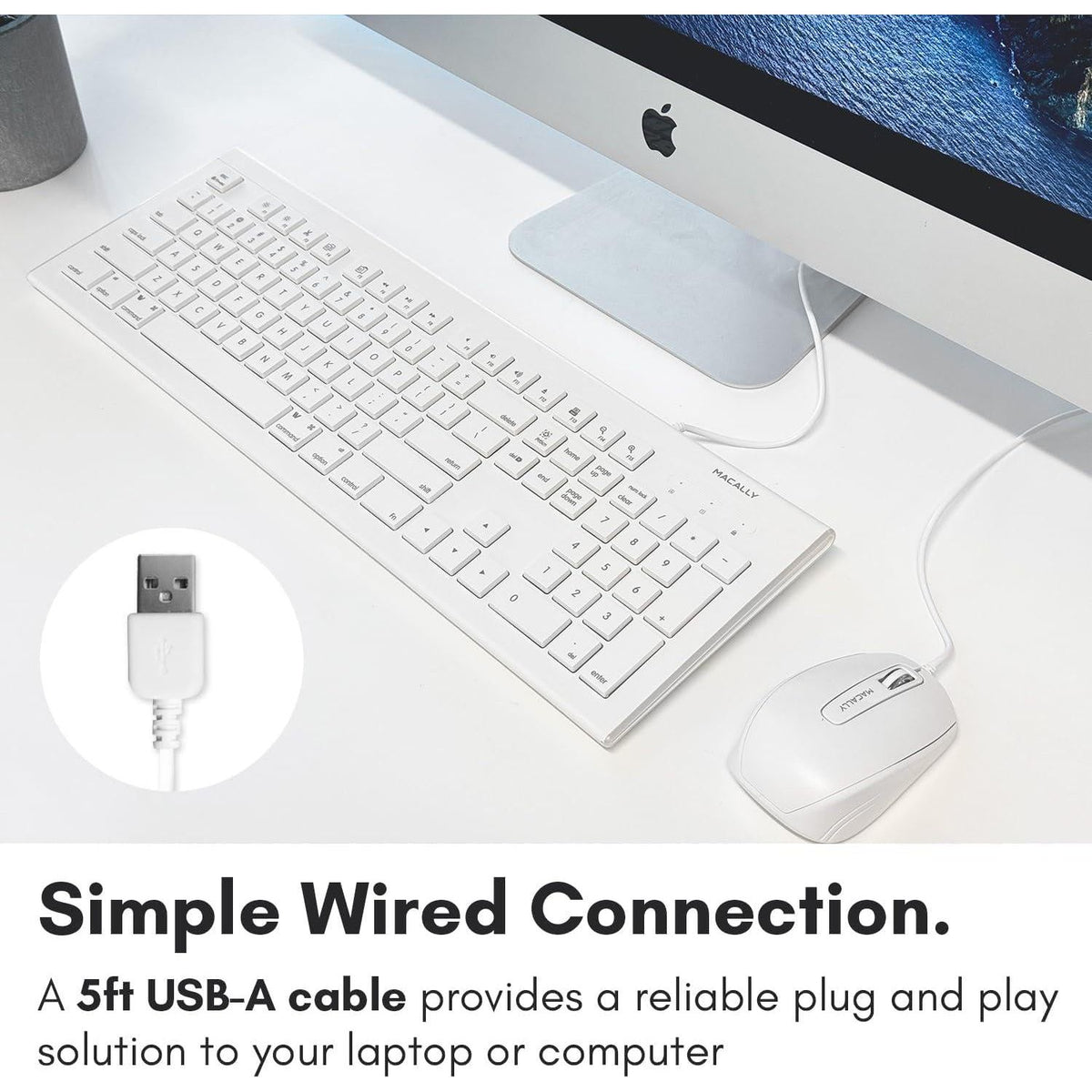 Macally Full Size USB Wired Keyboard For Mac And PC - Plug And Play Wired Computer Keyboard - Compatible Apple Keyboard With 15 Shortcut Keys For Easy Controls And Navigation Of Macbook Pro/Air, IMac,