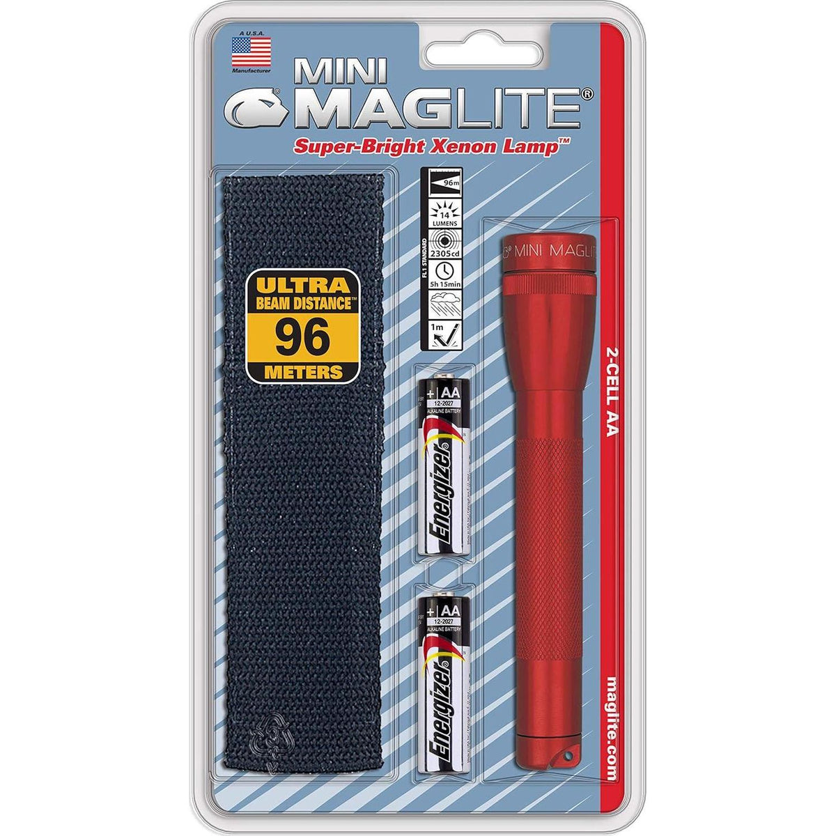 Maglite Mini Incandescent 2-Cell AA Flashlight With Holster, Red,638084434338