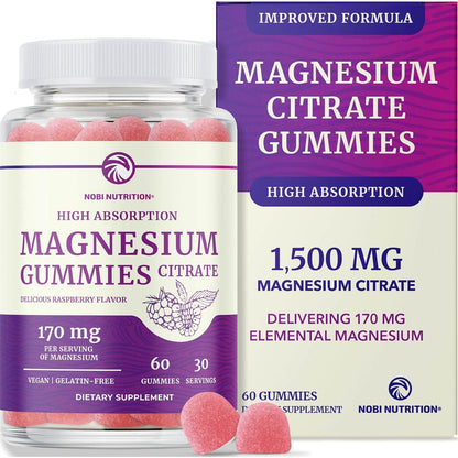 Nobi Nutrition Magnesium Citrate Gummies, Extra Strength, Vegan, Non-GMO, Supports Calm, Relaxation & Digestion, Raspberry Flavor, 60ct