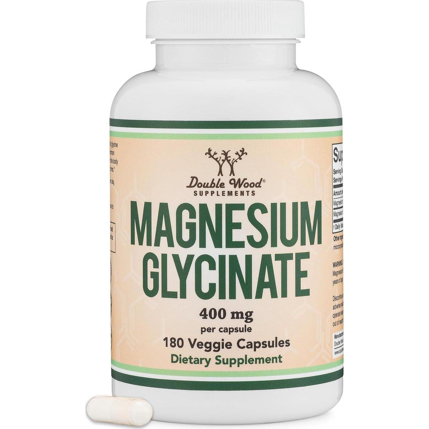 Double Wood Supplements Magnesium Glycinate 400mg, 180 Capsules (Vegan Safe, Third Party Tested, Gluten Free, Non-GMO) High Absorption Magnesium By Double Wood Supplements