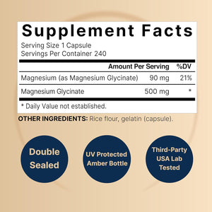 NatureBell Magnesium Glycinate Capsules 500mg | 240 Count, 100% Chelated And Purified, 3rd Party Tested, Non-GMO And Gluten Free