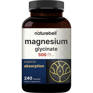 NatureBell Magnesium Glycinate Capsules 500mg | 240 Count, 100% Chelated And Purified, 3rd Party Tested, Non-GMO And Gluten Free