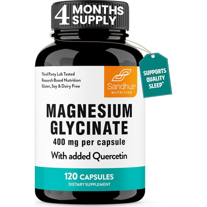 Sandhu's Magnesium Glycinate, 400mg Capsules with Quercetin, Supports Quality Sleep, Relaxation, Muscle, Bone Health & Immune Support, 120 Count