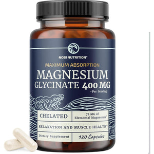 Nobi Nutrition Magnesium Glycinate 400mg, High Absorption Formula for Sleep, Muscle Relaxation, and Heart Support, 120-Count, 2-Month Supply