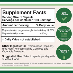 Double Wood Supplements Magnesium Glycinate 400mg, 180 Capsules (Vegan Safe, Third Party Tested, Gluten Free, Non-GMO) High Absorption Magnesium By Double Wood Supplements