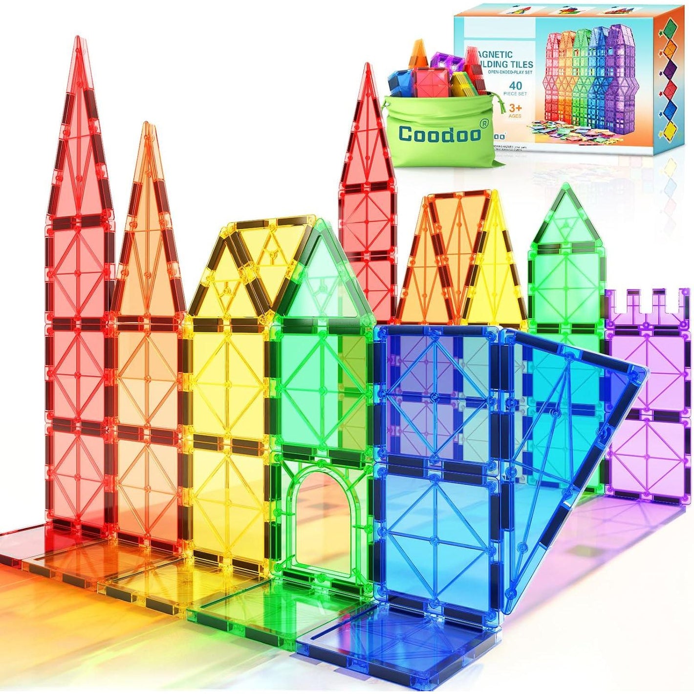 Magnetic Tiles Toy Set for Kids 40 Pieces STEM Learning Magnet Blocks Preschool Montessori Toy Age 3+