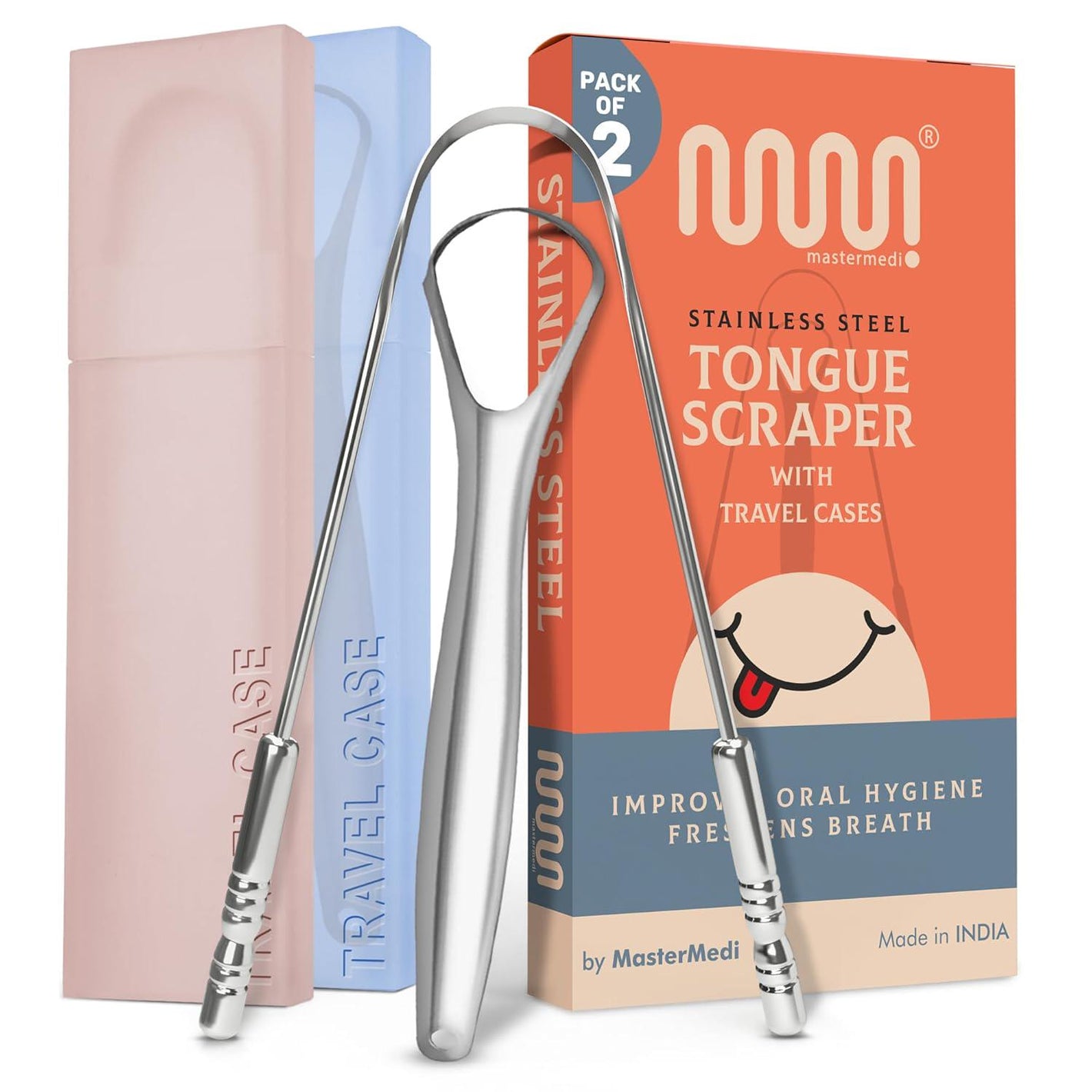 Mastermedi Tongue Scraper with Multicolor Cases, 2-Pack, 100% Stainless Steel, Reduces Bad Breath, Easy to Use, Tongue Cleaner for Oral Care & Hygiene