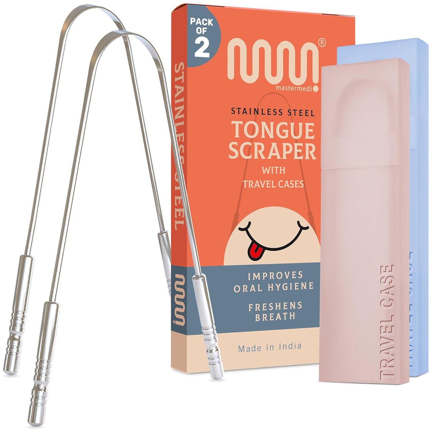 Mastermedi Stainless Steel Tongue Scraper for Adults, 2-Pack with Multicolor Travel Cases, Reduces Bad Breath, Easy-to-Use Tongue Cleaner for Oral Care