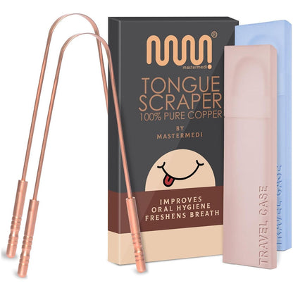 mastermedi MasterMedi Tongue Scraper With Case Easy To Use Tongue Scraper For Adults, Tongue Cleaner For Oral Care And Hygiene (Copper Set Of 2 (with Travel Case))