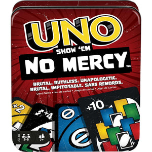 UNO Show 'Em No Mercy Card Game with Storage Tin, Tougher Rules, Extra Cards, Kids & Adults, Amazon Exclusive