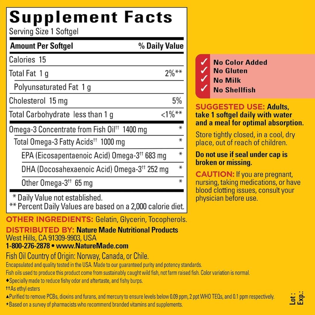 Nature Made Ultra Omega-3 1000mg Fish Oil 1400mg Lemon Scent 90 Softgels,031604029159