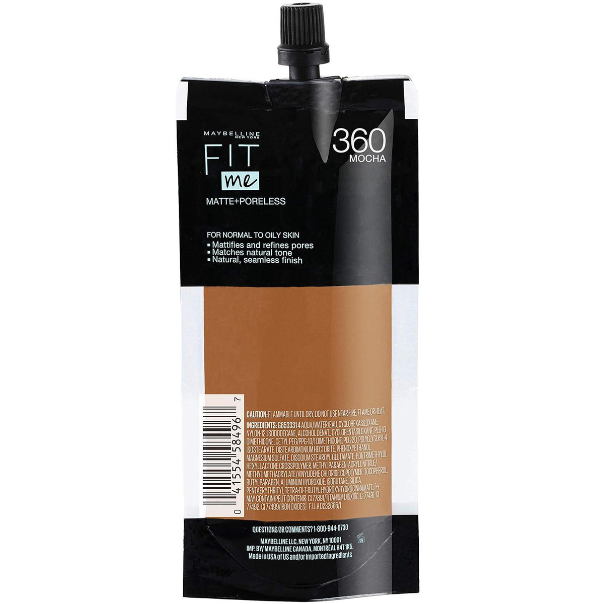 Maybelline New York Fit Me Matte + Poreless Liquid Foundation, Pouch Format, 360 Mocha, 1.3 Ounce,