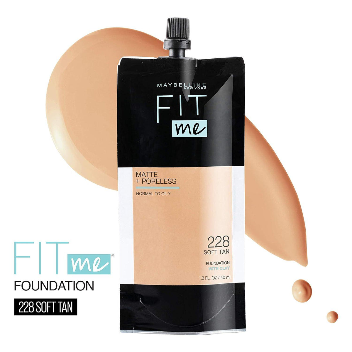 Maybelline New York Fit Me Matte + Poreless Liquid Foundation, Pouch Format, 228 Soft Tan, 1.3 Ounce,