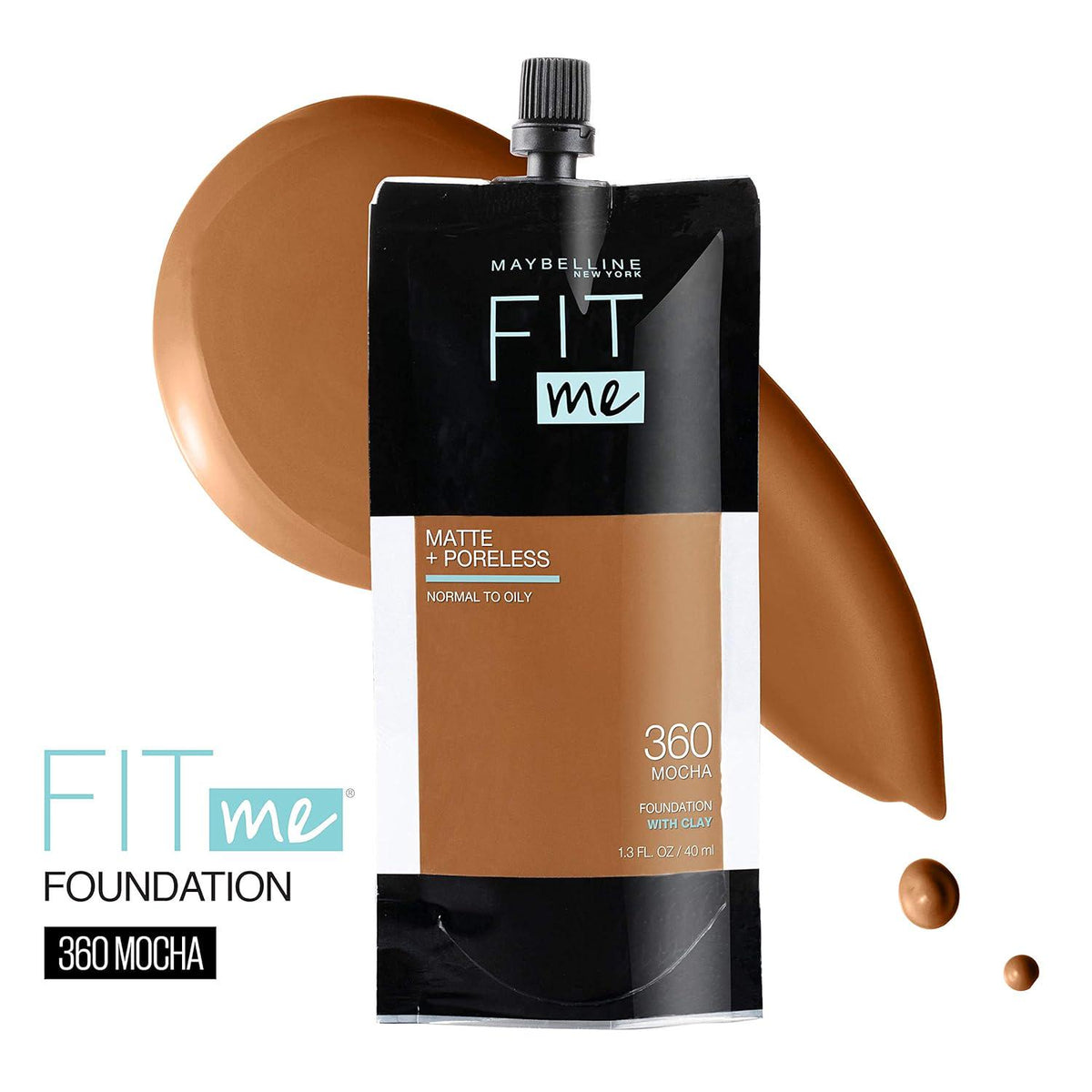Maybelline New York Fit Me Matte + Poreless Liquid Foundation, Pouch Format, 360 Mocha, 1.3 Ounce,