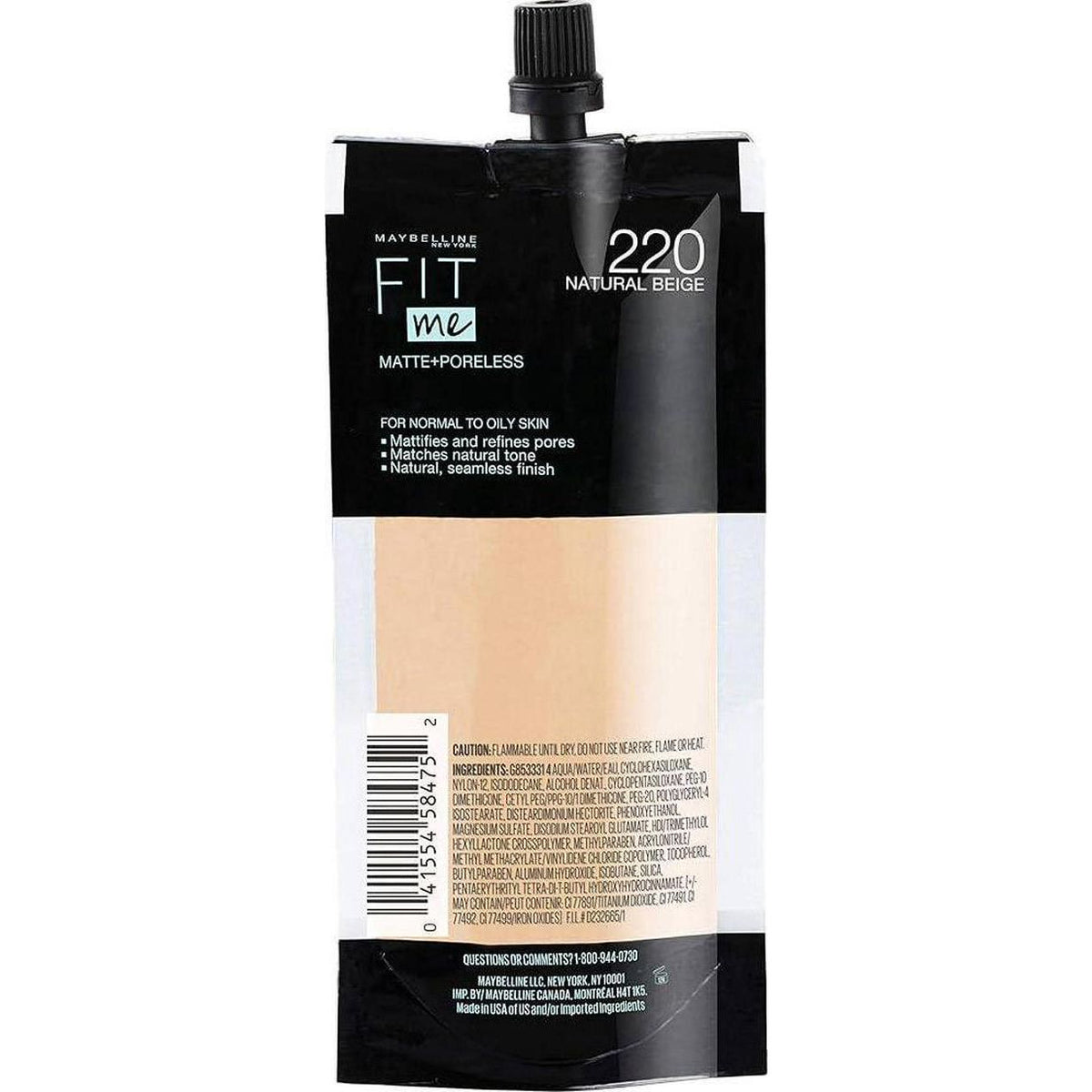Maybelline New York Fit Me Matte + Poreless Liquid Foundation, Pouch Format, 220 Natural Beige, 1.3 Ounce,