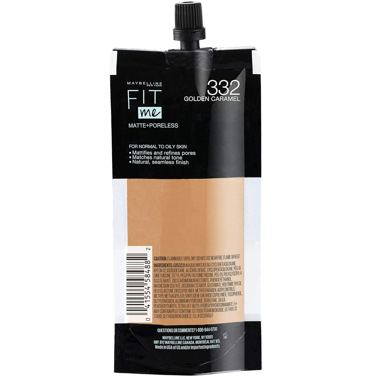 Maybelline New York Fit Me Matte + Poreless Liquid Foundation, Pouch Format, 332 Golden Caramel, 1.3 Ounce,