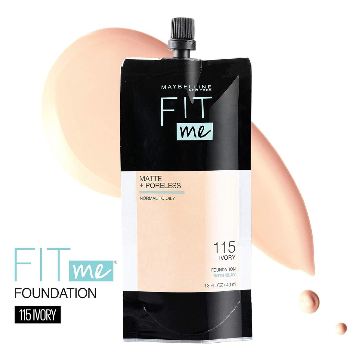 Maybelline New York Fit Me Matte + Poreless Liquid Foundation, Pouch Format, 115 Ivory, 1.3 Ounce,