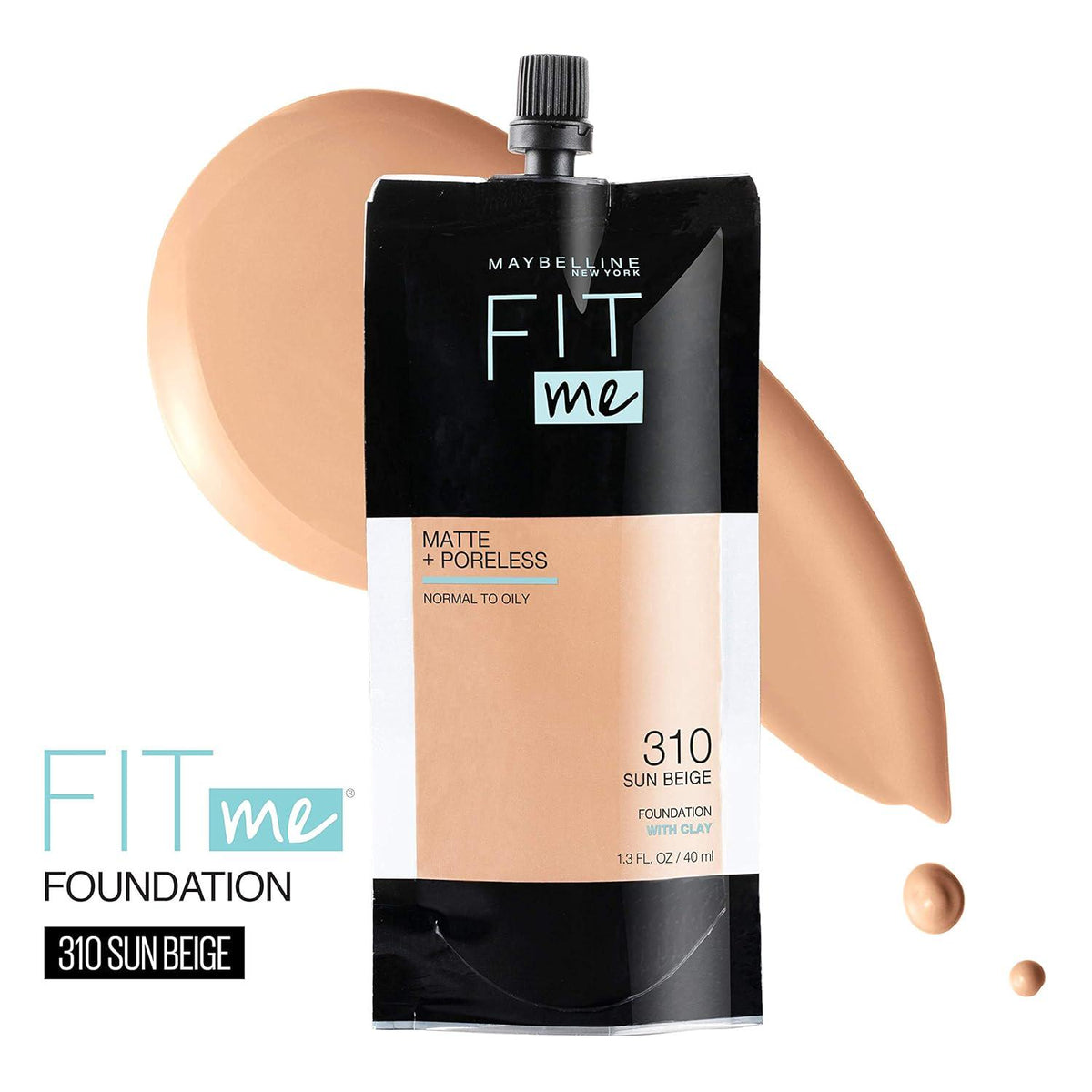 Maybelline New York Fit Me Matte + Poreless Liquid Foundation, Pouch Format, 310 Sun Beige, 1.3 Ounce,