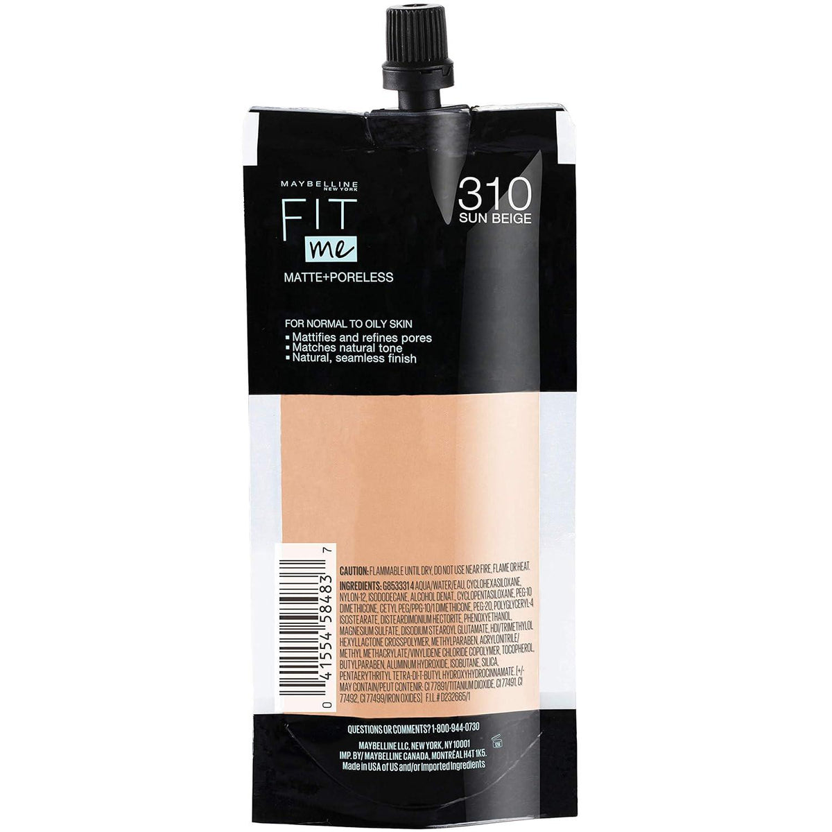 Maybelline New York Fit Me Matte + Poreless Liquid Foundation, Pouch Format, 310 Sun Beige, 1.3 Ounce,