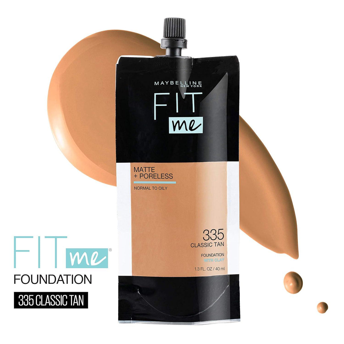 Maybelline New York Fit Me Matte + Poreless Liquid Foundation, Pouch Format, 335 Classic Tan, 1.3 Ounce,
