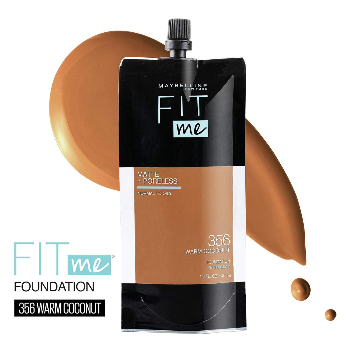 Maybelline New York Fit Me Matte + Poreless Liquid Foundation, Pouch Format, 356 Warm Coconut, 1.3 Ounce,