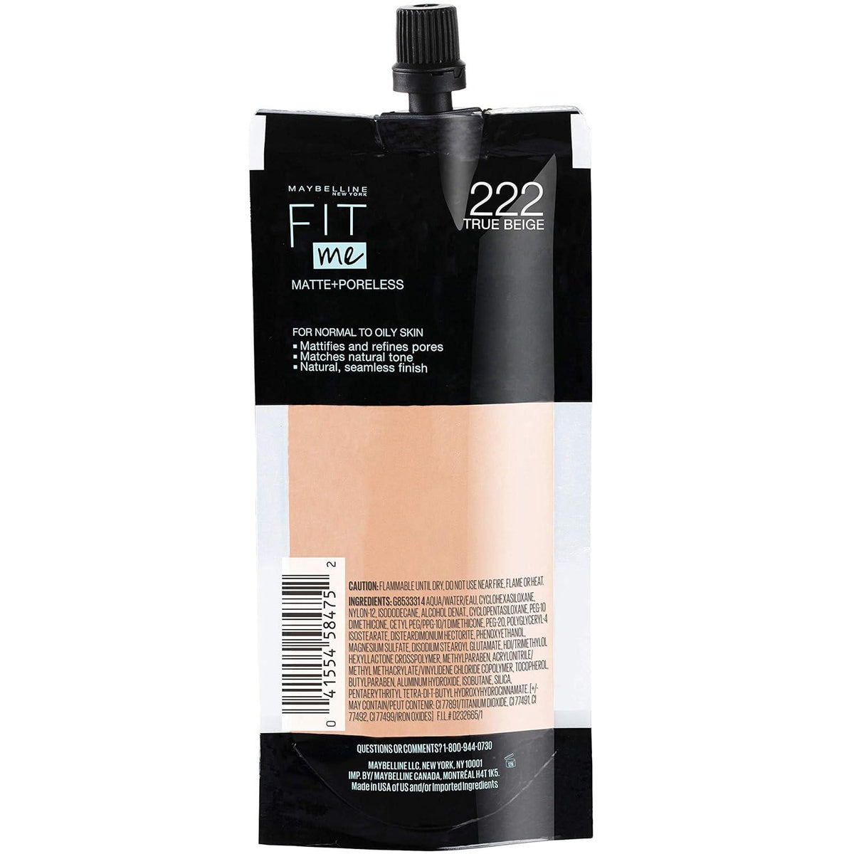 Maybelline New York Fit Me Matte + Poreless Liquid Foundation, Pouch Format, 222 True Beige, 1.3 Ounce,