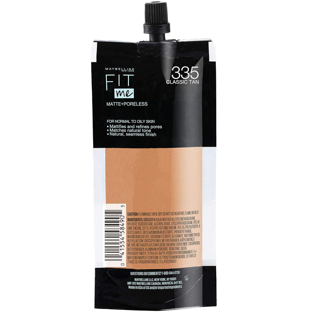Maybelline New York Fit Me Matte + Poreless Liquid Foundation, Pouch Format, 335 Classic Tan, 1.3 Ounce,