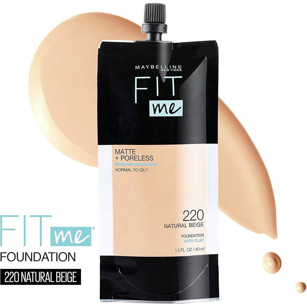 Maybelline New York Fit Me Matte + Poreless Liquid Foundation, Pouch Format, 220 Natural Beige, 1.3 Ounce,