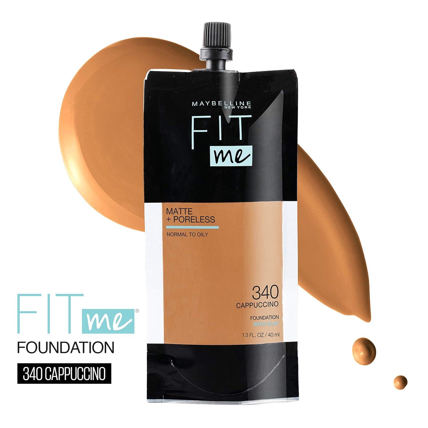 Maybelline New York Fit Me Matte + Poreless Liquid Foundation, Pouch Format, 340 Cappuccino, 1.3 Ounce,