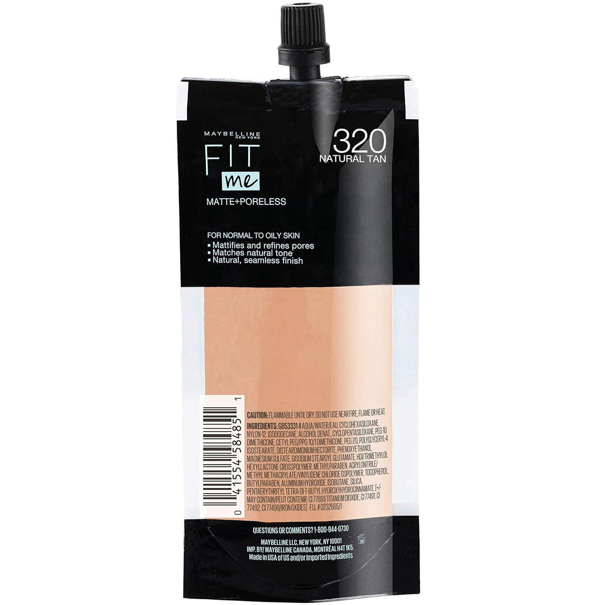 Maybelline New York Fit Me Matte + Poreless Liquid Foundation, Pouch Format, 320 Natural Tan, 1.3 Ounce,
