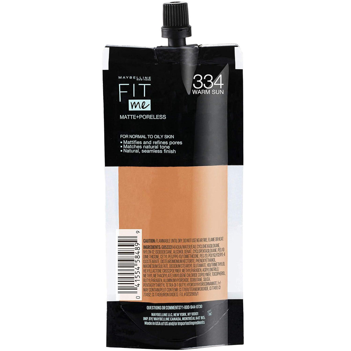 Maybelline New York Fit Me Matte + Poreless Liquid Foundation, Pouch Format, 334 Warm Sun, 1.3 Ounce,