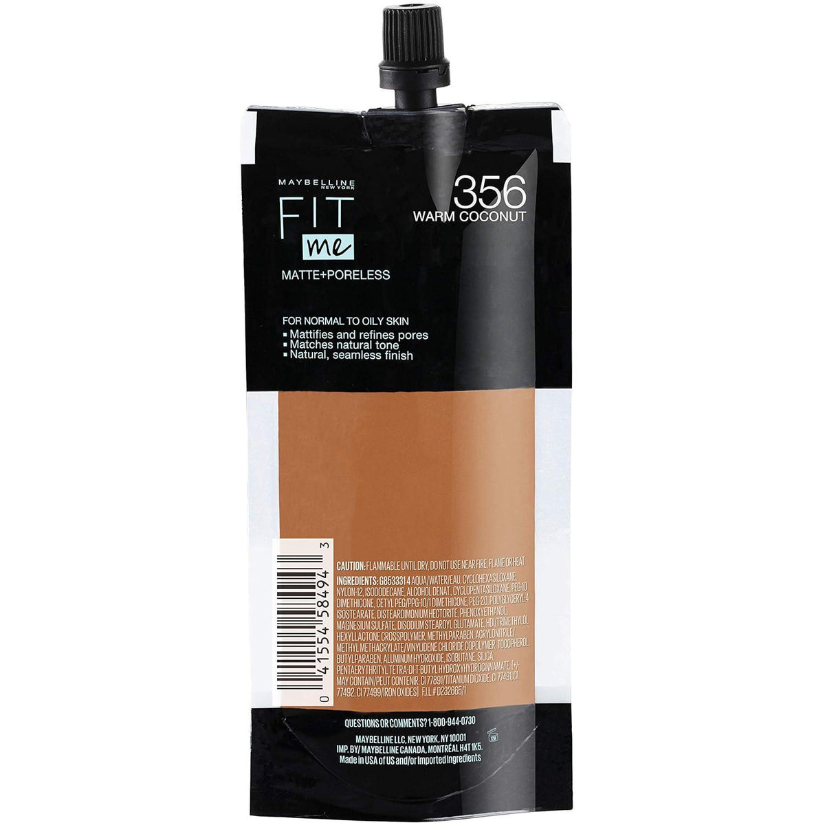 Maybelline New York Fit Me Matte + Poreless Liquid Foundation, Pouch Format, 356 Warm Coconut, 1.3 Ounce,