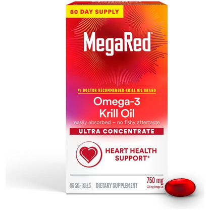 MegaRed MegaRed Antarctic Krill Oil 750mg, Omega 3 Fatty Acid Supplement, Ultra Concentrate EPA And DHA Softgels, Antioxidant Astaxanthin, Heart Health Supplement With No Fish Oil Aftertaste, 80ct