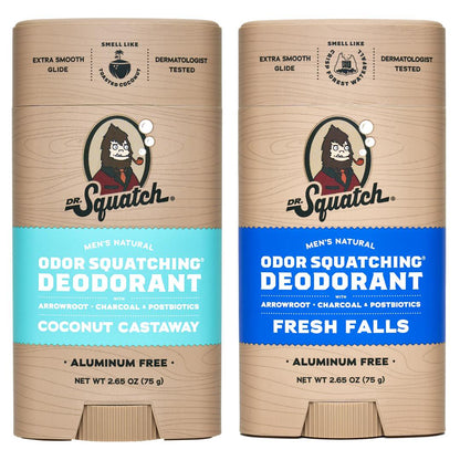 Dr. Squatch Men's Natural Deodorant - Aluminum-Free Deodorant From Dr. Squatch - Natural Deodorizer - Made W/postbiotics And Charcoal - Deodorant For Men - Smell Fresh With Coconut Castaway And Fresh Falls (2 Pk)