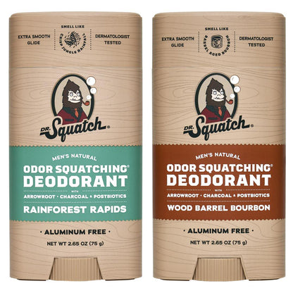 Dr. Squatch Men's Natural Deodorant - Aluminum-Free Deodorant From Dr. Squatch - Natural Deodorizer - Made W/charcoal - Deodorant For Men - Smell Fresh With Rainforest Rapids And Wood Barrel Bourbon (2 Pk)