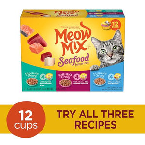Meow Mix Chunks in Gravy Cat Food Variety Pack, Seafood Favorites, 2.75 oz x 12 Cans