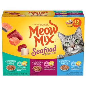 Meow Mix Chunks in Gravy Cat Food Variety Pack, Seafood Favorites, 2.75 oz x 12 Cans