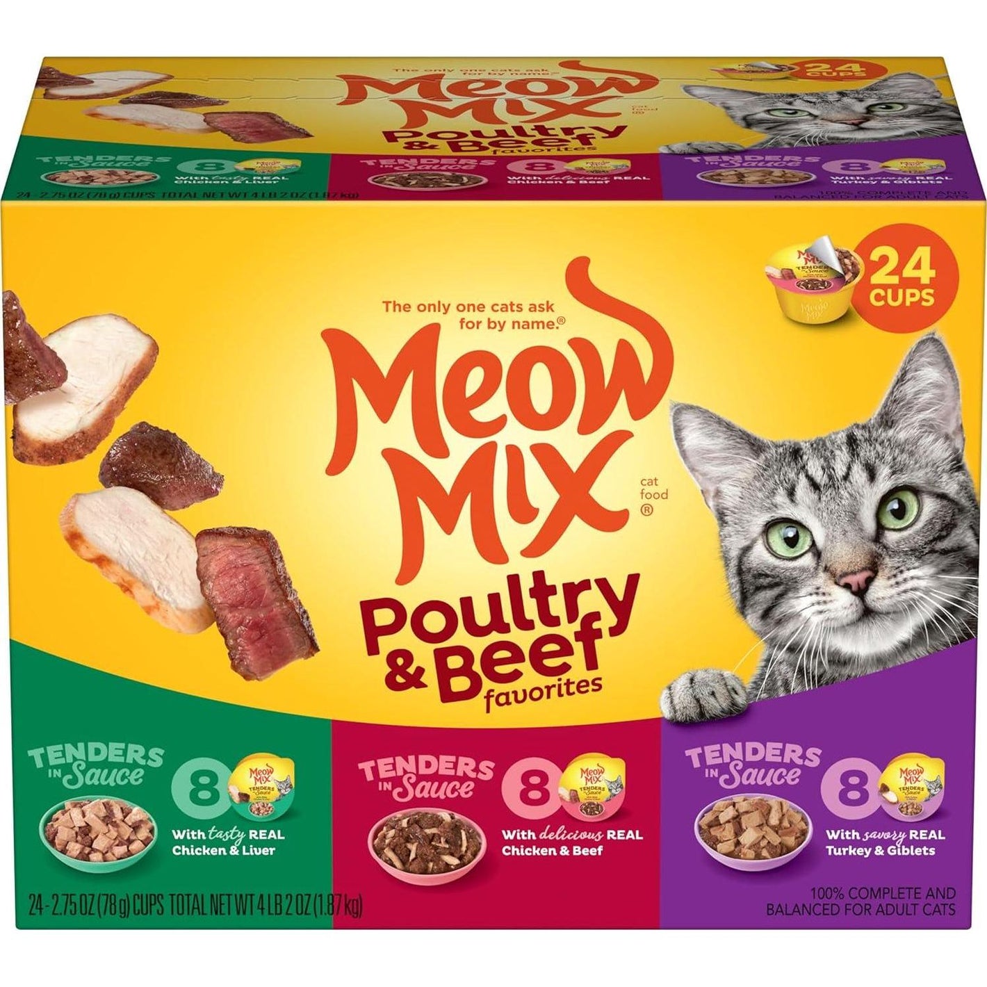 Meow Mix Tenders in Sauce Wet Cat Food Variety Pack 2.75 oz Cups Poultry and Beef Flavors Pack of 24