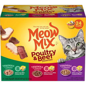 Meow Mix Tenders in Sauce Wet Cat Food Variety Pack 2.75 oz Cups Poultry and Beef Flavors Pack of 24