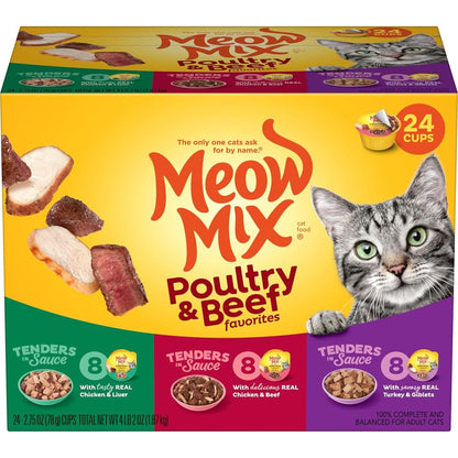 Meow Mix Tenders in Sauce Wet Cat Food Variety Pack 2.75 oz Cups Poultry and Beef Flavors Pack of 24