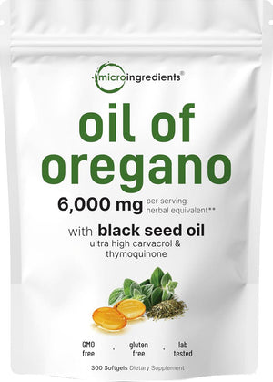 Micro Ingredients Oil of Oregano Softgels, 300 Softgels, 4x Strength with Black Seed Oil, Antioxidant & Immune Support