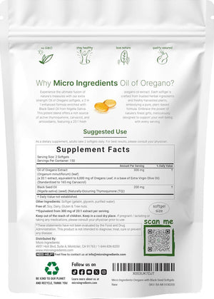 Micro Ingredients Oil of Oregano Softgels, 300 Softgels, 4x Strength with Black Seed Oil, Antioxidant & Immune Support