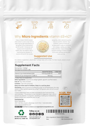 Micro Ingredients Micro Ingredients Vitamin D3 5000 IU Plus K2 (MK-7) 100 Mcg, 300 Virgin Coconut Oil Softgels | 2 In 1 Vitamins D And K Complex | Supports Calcium Absorption, Bone, Immune, And Heart Health